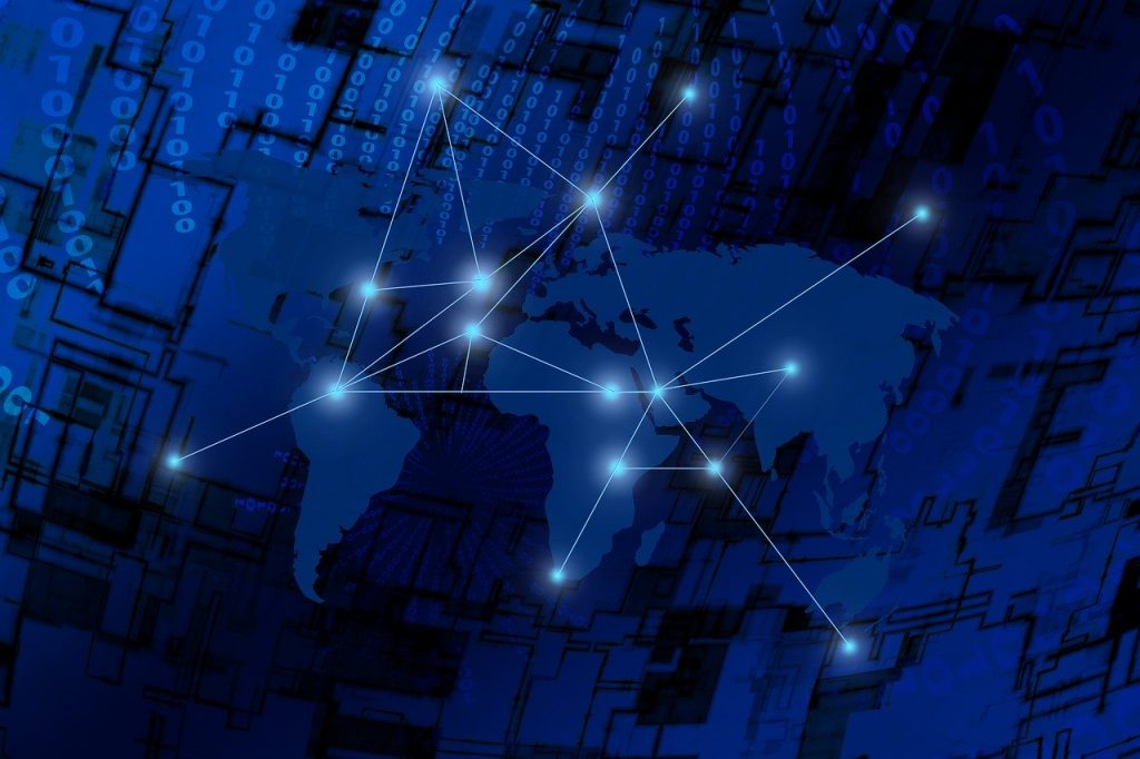 Innovative depiction of a world map in technical design, showcasing our proficiency in application network performance monitoring and evaluation through a connected point network